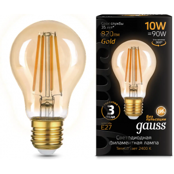Лампа GAUSS FILAMENT А60 10W 820lm 2400К Е27 golden LED 1/10/40 Лампа GAUSS FILAMENT А60 10W 820lm 2400К Е27 golden LED 1/10/40