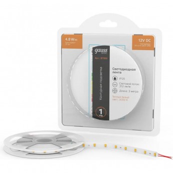 Лента GAUSS BASIC LED 2835/60 12V 4,8W/m 312lm/m 3000K 8mm IP20 3m Лента GAUSS BASIC LED 2835/60 12V 4,8W/m 312lm/m 3000K 8mm IP20 3m