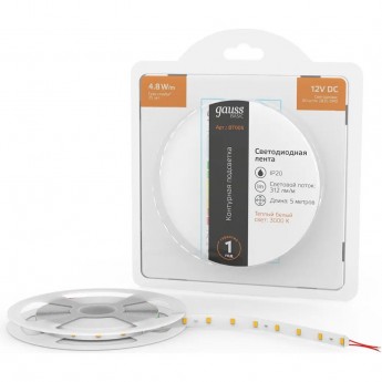 Лента GAUSS BASIC LED 2835/60 12V 4,8W/m 312lm/m 3000K 8mm IP20 5m Лента GAUSS BASIC LED 2835/60 12V 4,8W/m 312lm/m 3000K 8mm IP20 5m